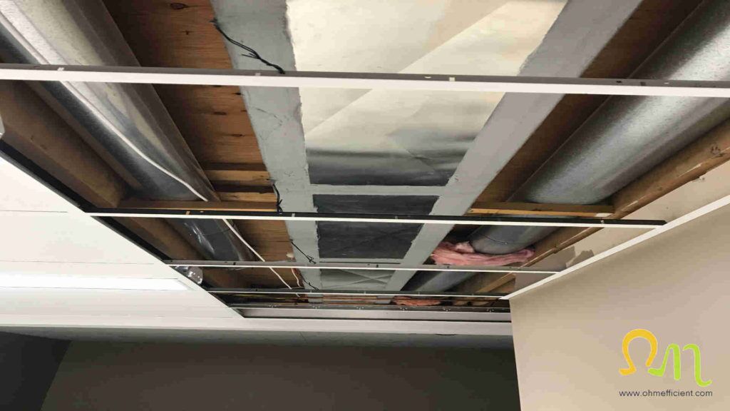 Duct sealing leaks along panned duct material to floor joist